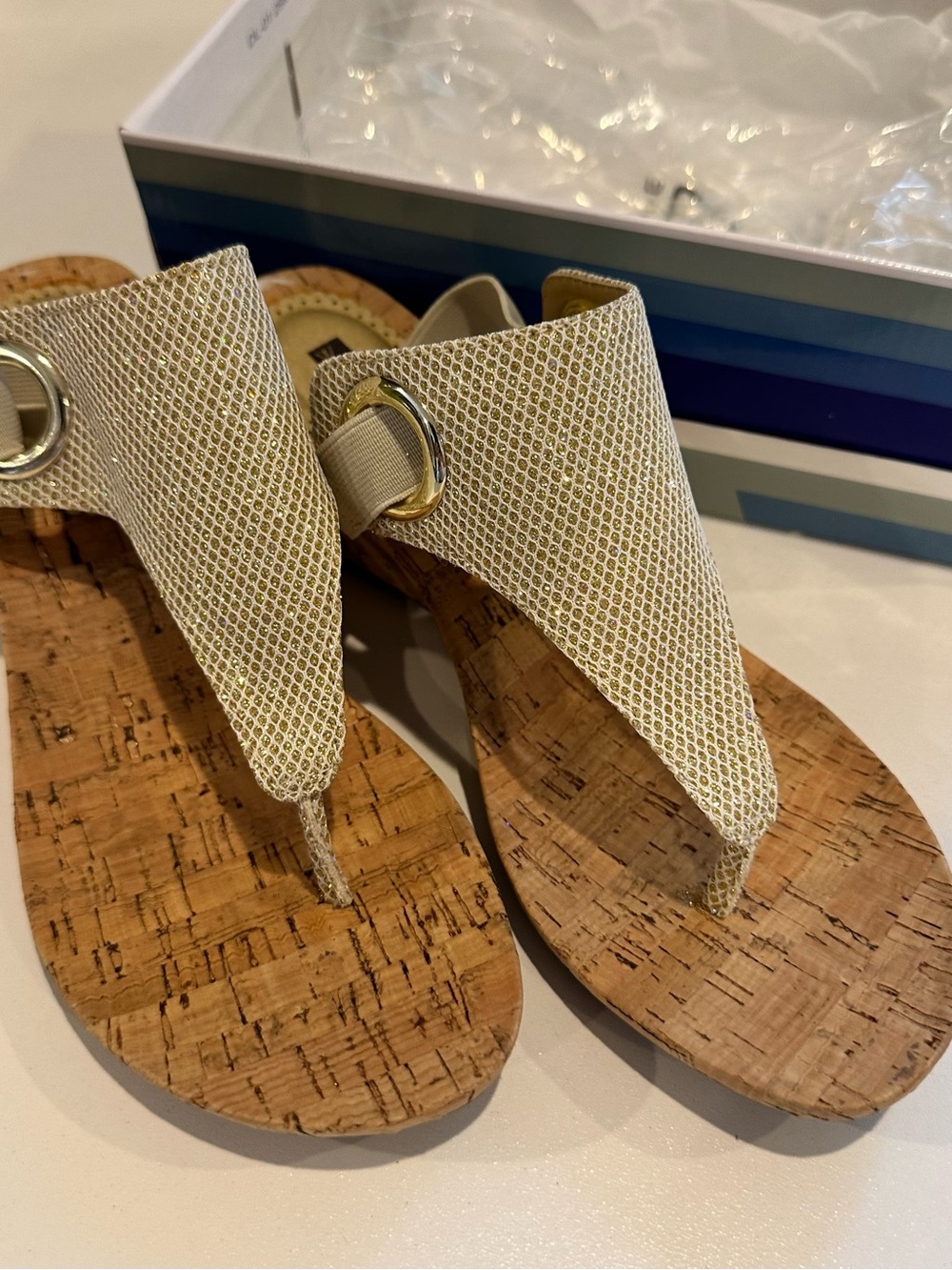 White Mountain Beige Wedge Thong Sandals with Cork Footbed